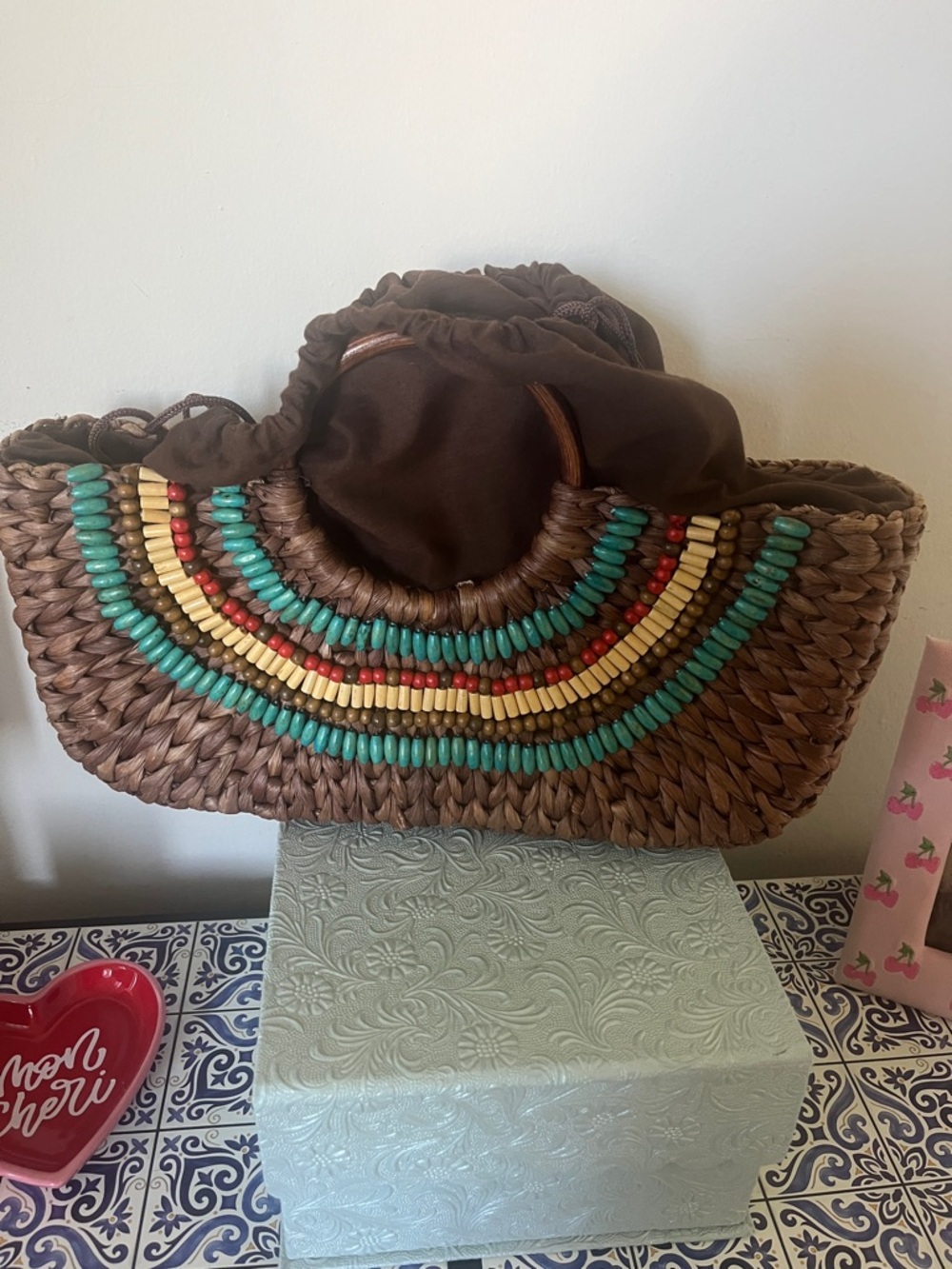 Woven Straw Tote with Turquoise & Red Bead Accents - Picture 1 of 3